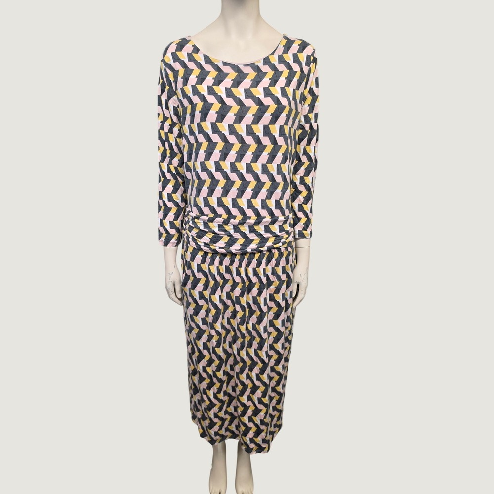 Boden Geometric Chevron Midi Dress Pink Yellow Grey Stretchy Pockets